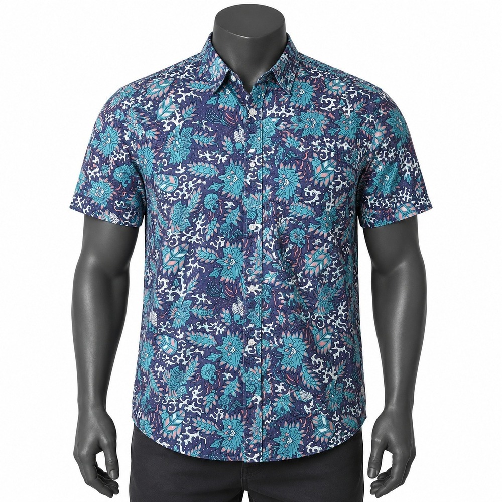 Hurley‎ Mens Short Sleeve Button Down Shirt Floral Teal Pink Navy Blue Large